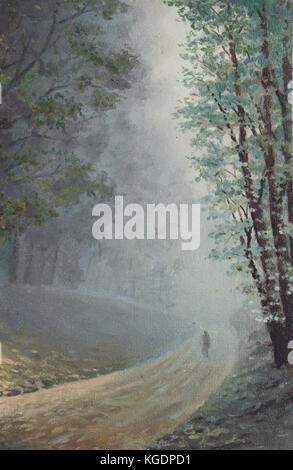Original Ölgemälde auf Leinwand - country lane von misty morning hohe Bäume und Pappeln in Südafrika mit einsamen Abbildung auf unbefestigte Straße Stockfoto
