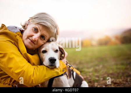 Ältere Frau mit Hund auf einem Spaziergang in einem Herbst Natur. Stockfoto