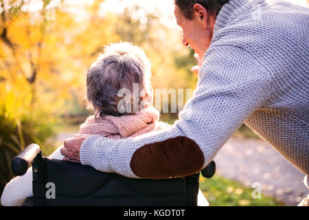 Älterer Mann und Frau im Rollstuhl im Herbst Natur. Stockfoto