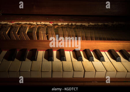 Details einer alten barocken Clavichord strings Tastatur bei schwachem Licht Stockfoto