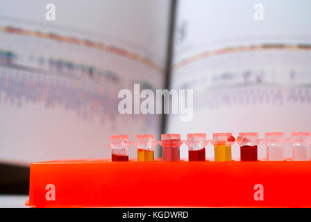 Dna-Forschung mit Grafiken Diagramme Referenz im Hintergrund Stockfoto