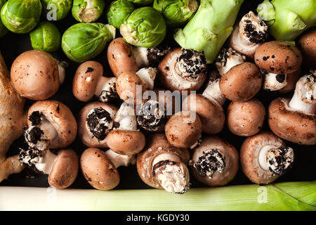 Haufen frisch und reif, Gemüse, Früchten und Pilzen. essen Hintergrund Stockfoto