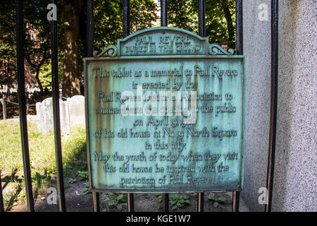 Paul Revere Beerdigung Plakette, Getreidespeicher begrub Masse, Boston, MA, USA Stockfoto