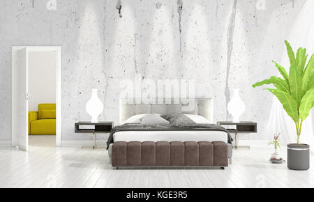 Moderne loft Innenarchitektur von Schlafzimmer im Trend mit Pflanzen- und Copyspace in horizontaler Anordnung. 3D-Rendering. Stockfoto