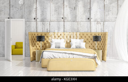 Moderne loft Innenarchitektur von Schlafzimmer im Trend mit Pflanzen- und Copyspace in horizontaler Anordnung. 3D-Rendering. Stockfoto