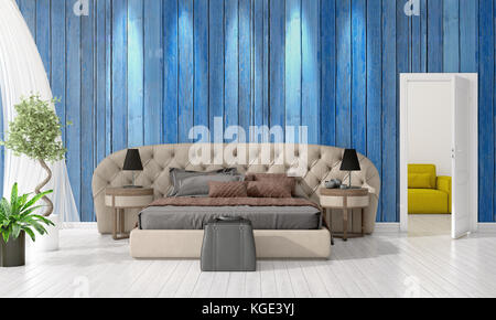 Moderne loft Innenarchitektur von Schlafzimmer im Trend mit Pflanzen- und Copyspace in horizontaler Anordnung. 3D-Rendering. Stockfoto