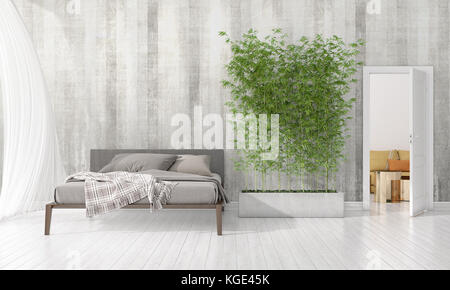 Moderne loft Innenarchitektur von Schlafzimmer im Trend mit Pflanzen- und Copyspace in horizontaler Anordnung. 3D-Rendering. Stockfoto