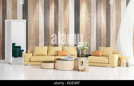 Moderne loft Interior Design von Wohnzimmer in der Mode mit Anlage, Gelb, Diwan, Copyspace. horizontale Anordnung. 3D-Rendering Stockfoto