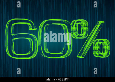 Rabattkonzept, 60 Prozent leuchtende Beschriftung, 3D-Rendering Stockfoto