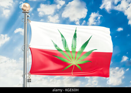 Legalisierung von Cannabis in Polen. Polnische Flagge mit Marihuana-Blatt, 3D-Darstellung Stockfoto