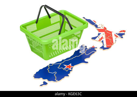 Warenkorb auf Neuseeland Karte, Korb oder Kaufkraft Konzept. 3D-Rendering Stockfoto