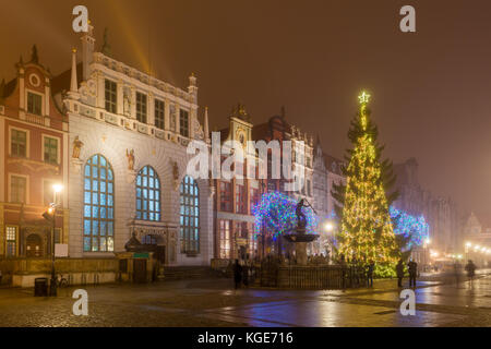 Historischen Artushof und Brunnen des Neptun und Weihnachtsbaum im Zentrum von Danzig. neblige Nacht. Polen Stockfoto