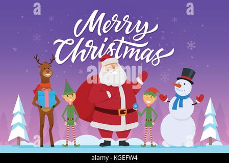 Frohe Weihnachten - comicfiguren Abbildung mit Santa, Elfen, raindeer, Schneemann Stock Vektor