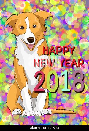 Frohes Neues Jahr, neues Jahr Karte mit einem gezeichneten gelber Hund Symbol für das Jahr 2018 vor dem Hintergrund einer bunten hellen Konfetti. Vector Illustration, Banner, Poster Stock Vektor