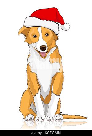 Gelber Hund in der Weihnachtsmann hat, das Symbol des Jahres 2018, Vektor Zeichnung. gelb cartoon shaggy Dog in voller Länge auf weißem Hintergrund Stock Vektor