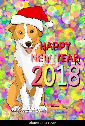 Frohes Neues Jahr, neues Jahr Karte mit einem gezeichneten gelber Hund in der Weihnachtsmann hat, das Symbol des Jahres 2018, vor dem Hintergrund einer bunten hellen Konfetti. Vector Illustration, Banner, Poster Stock Vektor