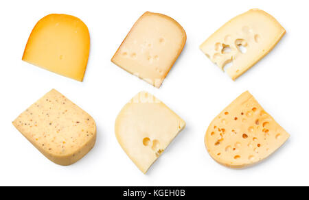 Verschiedene Arten von Käse auf weißem Hintergrund. Stockfoto