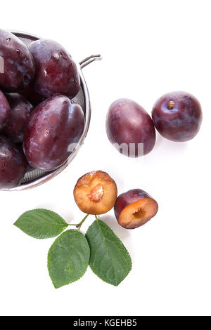 Stahl mit Fettaufsaugendem Süsse saftige Pflaumen, ganze und halbe reife Pflaumen mit Blatt vor dem Sieb auf einem weißen Hintergrund. Stockfoto