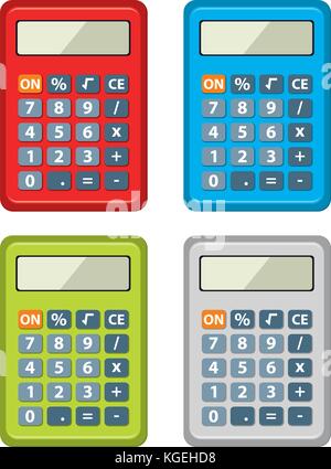 Vektor einrichten von Taschenrechner Symbole auf weißem Hintergrund. farbenfrohe Gestaltung der Taschenrechner für Geschäft, Finanzen Buchhaltung und Algebra Abbildungen Stock Vektor