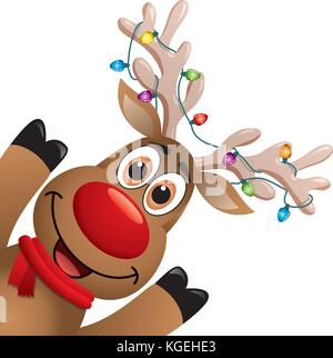 Vektor xmas Zeichnung lustig roten Nase. Weihnachtskarte Abbildung. cartoon Rudolph Hirsch mit rotem Schal und Weihnachtslichter auf große Hörner, b Stock Vektor