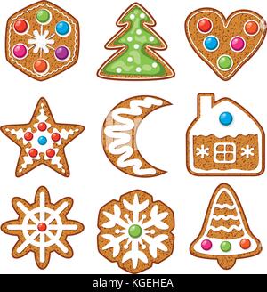 Vektor einrichten von bunten Weihnachten Lebkuchen Cookies: Baum, Herz, Stern, Mond, Haus, Blume und Glocke für Weihnachten Lebkuchen essen Hintergründe. Stock Vektor