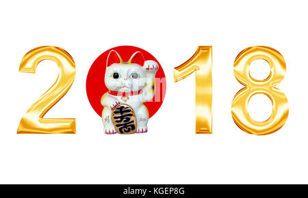 Golden Metall Briefe 2018 mit Lucky cat auf weißem Hintergrund Stockfoto