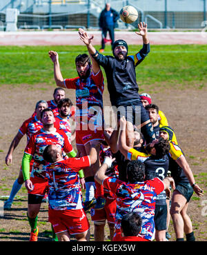 Bari, Italien - 19 Februar 2017: Serie C1-italienische Meisterschaft 2016-2017 - die Bühne der Partie zwischen 'Tiger rugby Bari 1980 asd' und 'cic Stockfoto