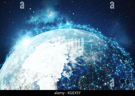 3D-rendering Netzwerk und Datenaustausch über den Planeten Erde im Weltraum. Verbindungslinien um die Erde Globus. Globale internationale Konnektivität. Elemente dieses Bild von der Nasa eingerichtet Stockfoto