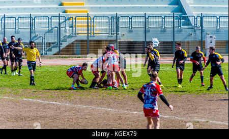 Bari, Italien - 19 Februar 2017: Serie C1-italienische Meisterschaft 2016-2017 - die Bühne der Partie zwischen 'Tiger rugby Bari 1980 asd' und 'cic Stockfoto