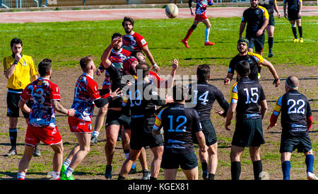 Bari, Italien - 19 Februar 2017: Serie C1-italienische Meisterschaft 2016-2017 - die Bühne der Partie zwischen 'Tiger rugby Bari 1980 asd' und 'cic Stockfoto