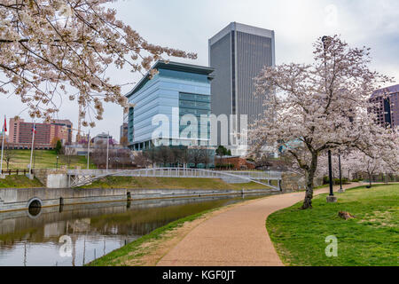 Richmond, Virginia, die Skyline der Stadt am Morgen entlang des James River in der Nähe von Brown's Island und der Tredegar St während der Kirschblüten. Stockfoto
