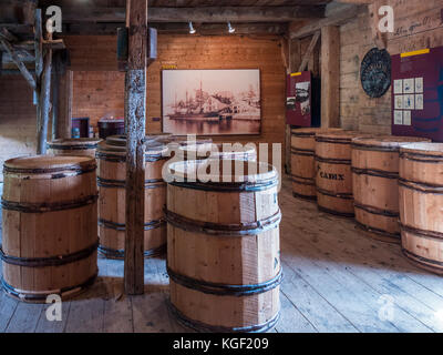 Barrel insdie der historischen Hyman Store und Lager, Forillon National Park, Gaspe Halbinsel, Kanada. Stockfoto