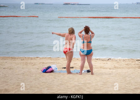 Reife weibliche Freunde in Bikinis am Strand. Frau Bikini. Stockfoto