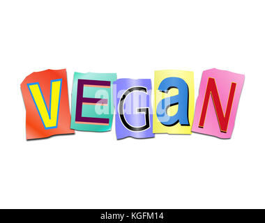 3D-Darstellung zeigt eine Reihe von ausgeschnittenen gedruckten Buchstaben angeordnet das Wort Vegan zu bilden. Stockfoto