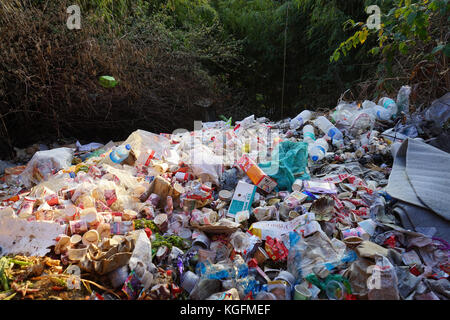 Papierkorb abgelegt in Gully bewaldeten an der Stadt Darjeeling, West Bengalen, Indien Stockfoto