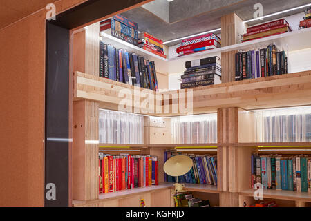 Details von Holz Bücherregal. Der Stack - Mini Living Urban Kabine, London, Vereinigtes Königreich. Architekt: Sam Jacob Studio, 2017. Stockfoto