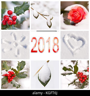 2018, Schnee und Winter Rot und Weiß Natur Fotos collage Stockfoto