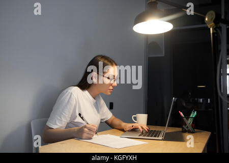 Junge erwachsene Frau aufmerksam lesen, wissenschaftliche Artikel, wählt Elemente auf Laptop zu kaufen, Notizen mit Kugelschreiber, spät am Stockfoto