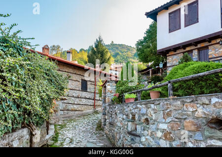 Straße und traditionelle Häuser in palaios (alten) panteleimonas Dorf. pieria, Mazedonien, Griechenland Stockfoto