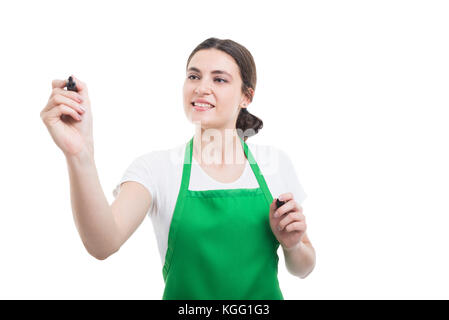 Freudige weibliche Angestellte schreiben auf leerer Bildschirm mit Markt und Checkliste Stockfoto