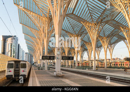 Lissabon, Portugal, 30. Oktober 2017: Plattformen am Gare do Oriente (Lissabon Bahnhof Oriente), große portugiesische intermodale Verkehrsknoten Stockfoto