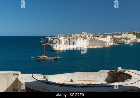 Eingang des Grand Harbour. Blick von Fort St. Elmo zu Fort rikasoli (Malta) Stockfoto