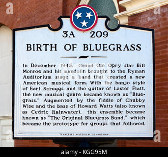 Geburt von Bluegrass Zeichen außerhalb des Ryman Auditorium, früher der Grand Ole Opry House von 1943-1974, Nashville, Tennessee, USA Stockfoto