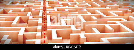Riesige grungy Labyrinth Struktur, rote Pfeile angezeigt, die Abkürzung durch das Labyrinth Garten (3d-vintage Abbildung Banner)