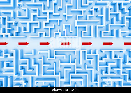 Riesige blaue Labyrinth Struktur, rote Pfeile angezeigt, die Verknüpfung durch die Mitte des Labyrinths Garten (3d-Abbildung) Riesige blaue Labyrinth Struktur, rote Pfeile angezeigt, die Verknüpfung durch die Mitte des Labyrinths Garten (3d-Abbildung)