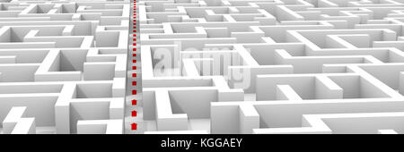 Riesige weiße Labyrinth Struktur, rote Pfeile angezeigt, die Abkürzung durch das Labyrinth (3D-Illustration, Hintergrund Banner)