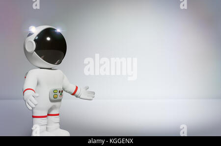3d cartoon Astronaut präsentiert eine leere weiße Fläche mit Spotlight (3d-Abbildung) Stockfoto