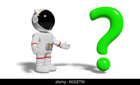 Astronaut, 3d cartoon Charakter Person vor ein grünes Fragezeichen (3d-Abbildung auf weißem Hintergrund) Stockfoto