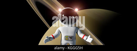 Cute cartoon Astronaut im weissen Anzug vor der Planet Saturn (3d-Grafik Banner) Stockfoto