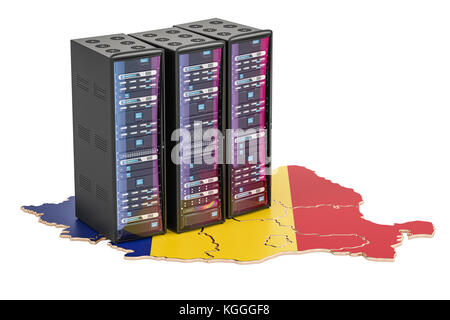 Data Center Server Racks in Rumänien Konzept, 3D-Rendering auf weißem Hintergrund Stockfoto